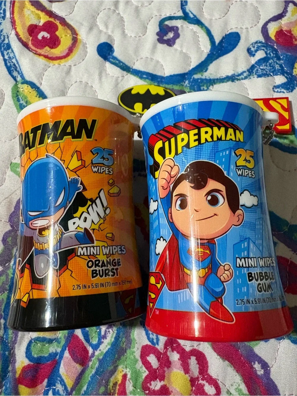 Batman Mini Wipes Tub - Orange Burst Packaging with Yellow & Black Logo